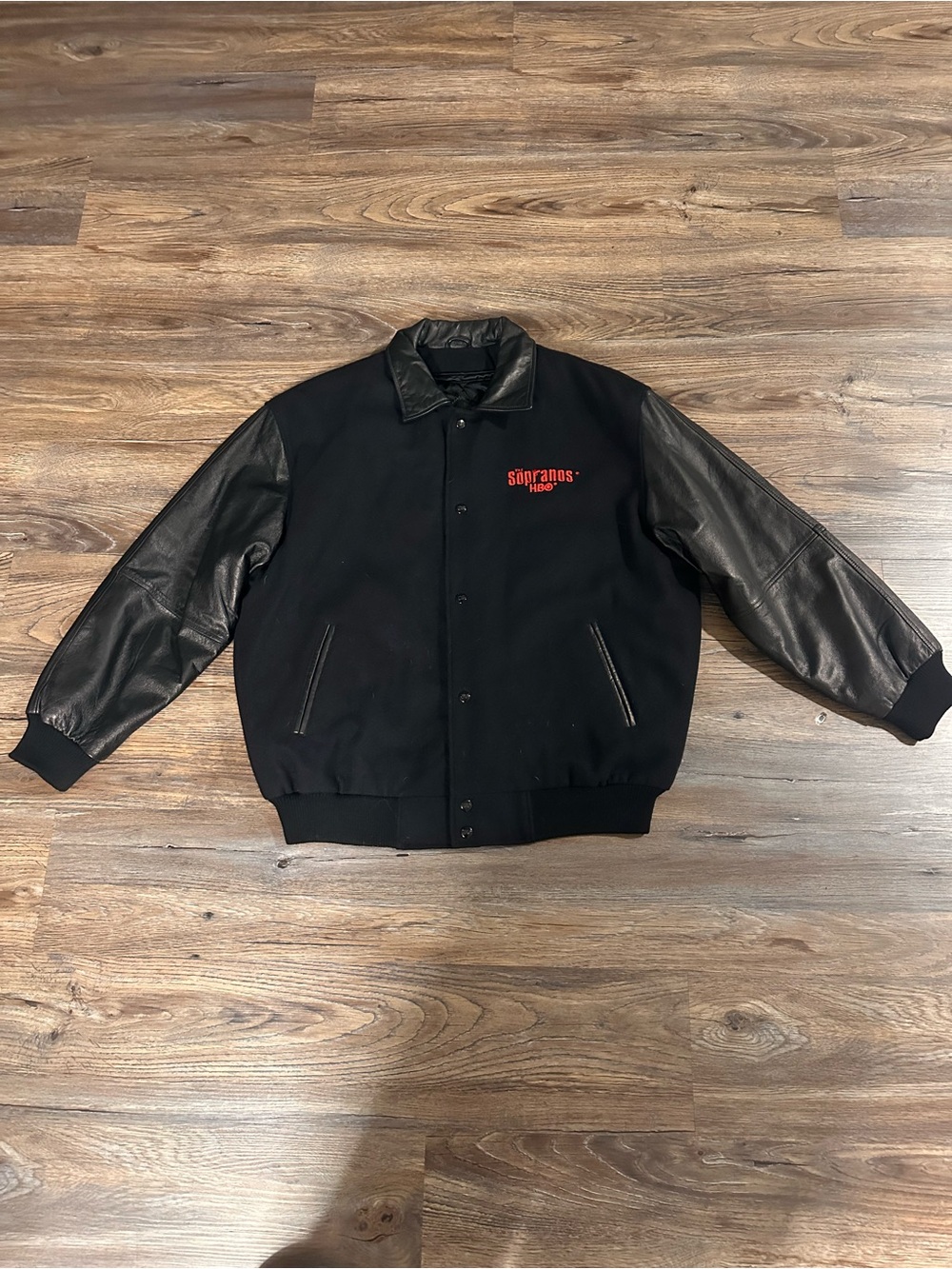 Black Leather-Sleeve Bomber Jacket with Red Logo